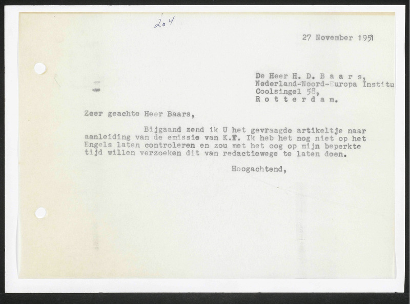 Letter to H.D. Baars
