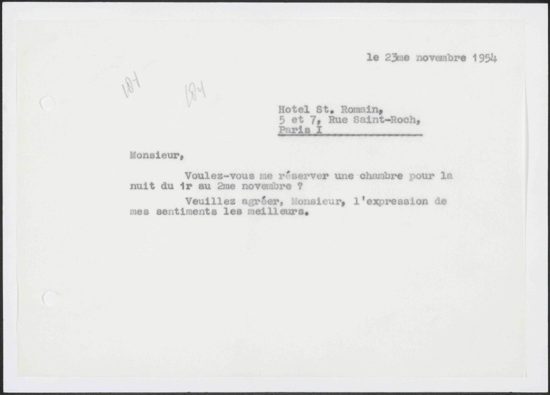 Letter to Hotel St. Romain