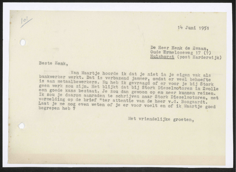 Letter to H. de Zwaan