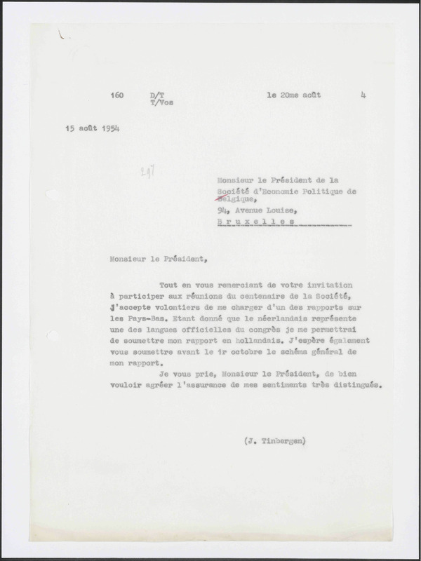 Letter to Société d'Économie Politique de Belgique