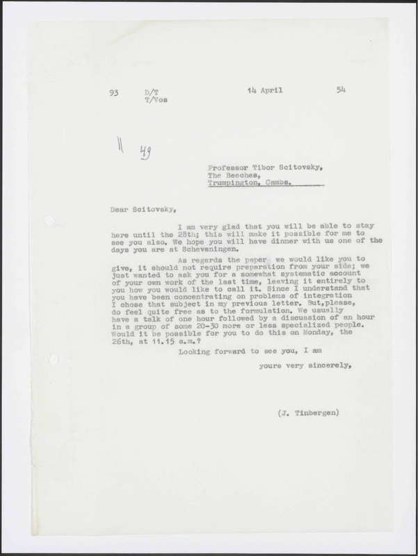 Letter to Tibor Scitovsky