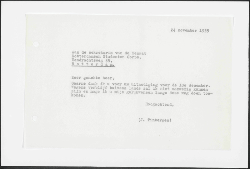 Letter to Rotterdamsch Studenten Corps