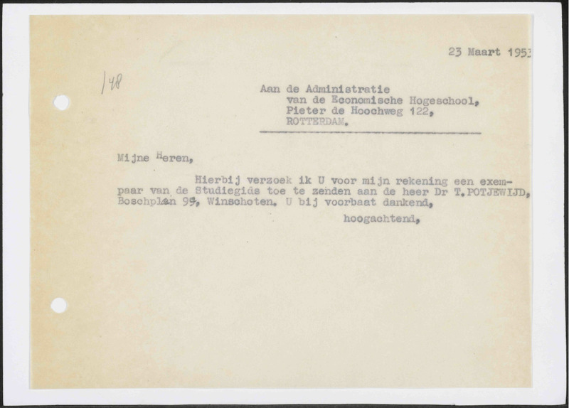 Letter to Nederlandse Economische Hogeschool, Rotterdam