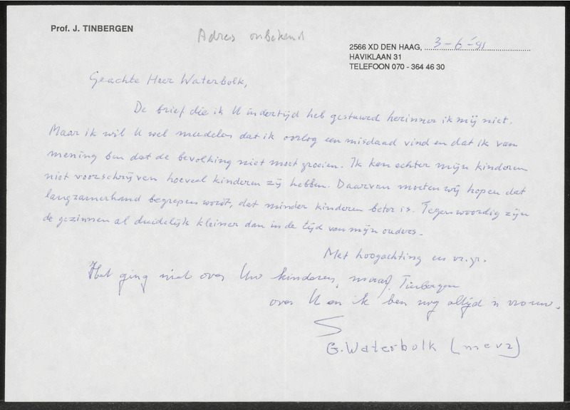 Letter to G. Waterbolk