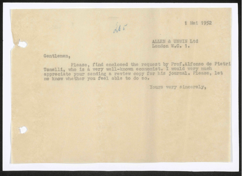 Letter to George Allen & Unwin Ltd. Publishers & exporters