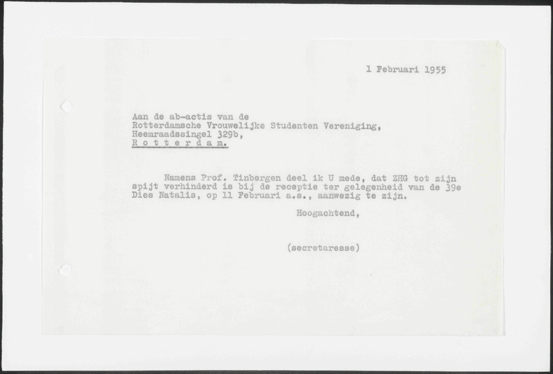 Letter to Rotterdamsche Vrouwelijke Studentenvereniging (R.V.S.V.)