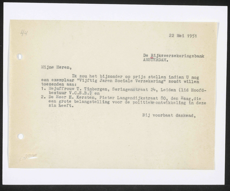 Letter to Rijksverzekeringsbank, Amsterdam