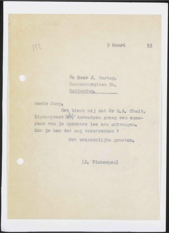 Letter to J. Hartog