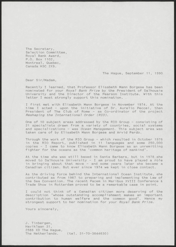 Letter to Royal Bank Award (Canada)