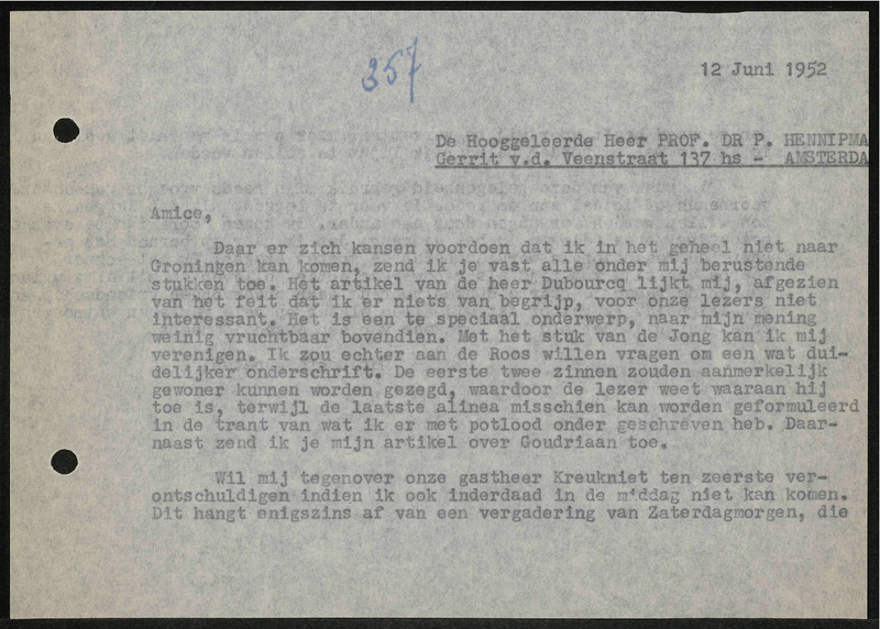 Letter to P. Hennipman