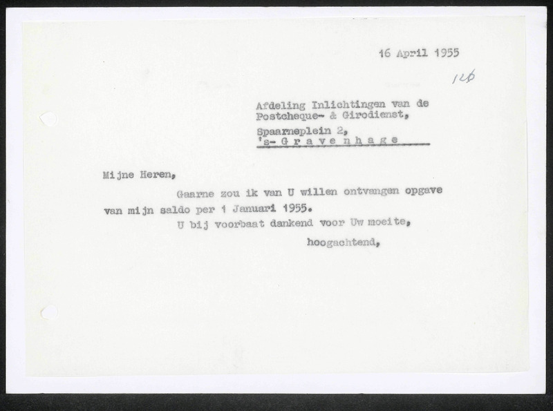 Letter to Inlichtingen van de Postcheque- en girodienst