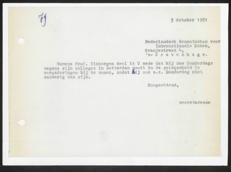 Letter to Nederlandsch Genootschap voor Internationale Zaken