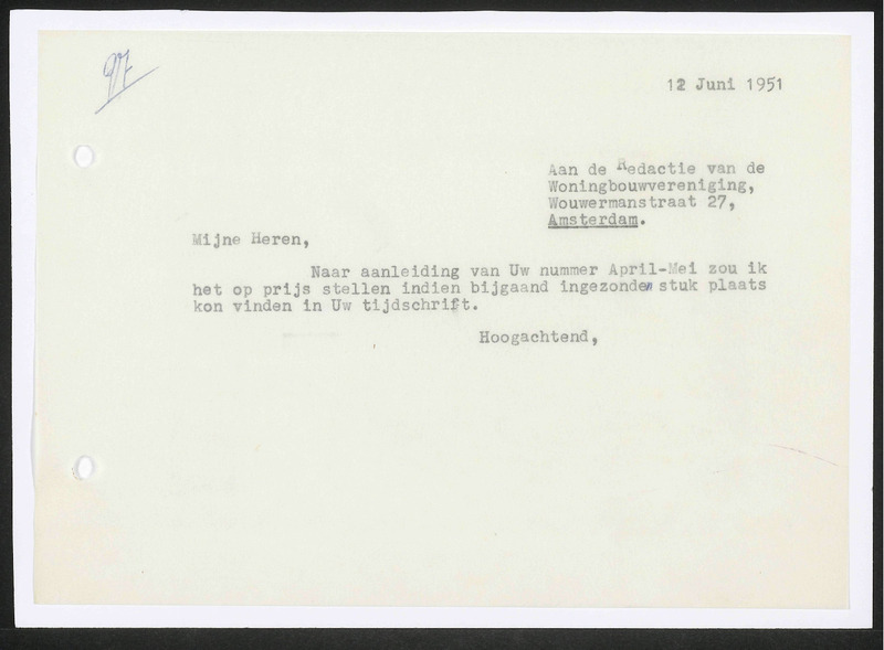 Letter to Redactie van de Woningbouwvereniging