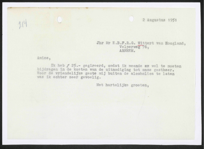 Letter to E.B.F.R.G. Wittert van Hoogland