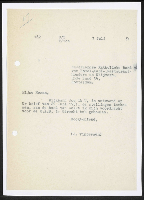 Letter to HOCRES, Nederlandse Katholieke Bond van Hotel-, Café-, Restaurant-houders en Slijters