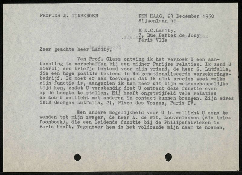 Letter to M.K.C. Lariby