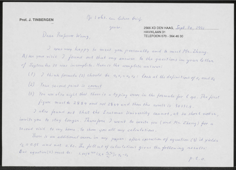 Letter to Zhaorong Wang