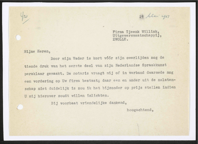 Letter to W.E.J. Tjeenk Willink