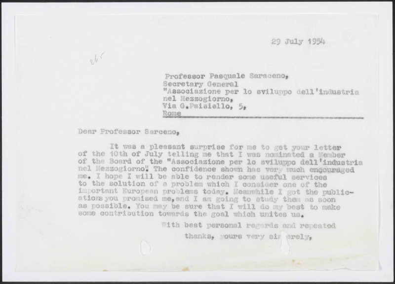 Letter to Pascuale Saraceno