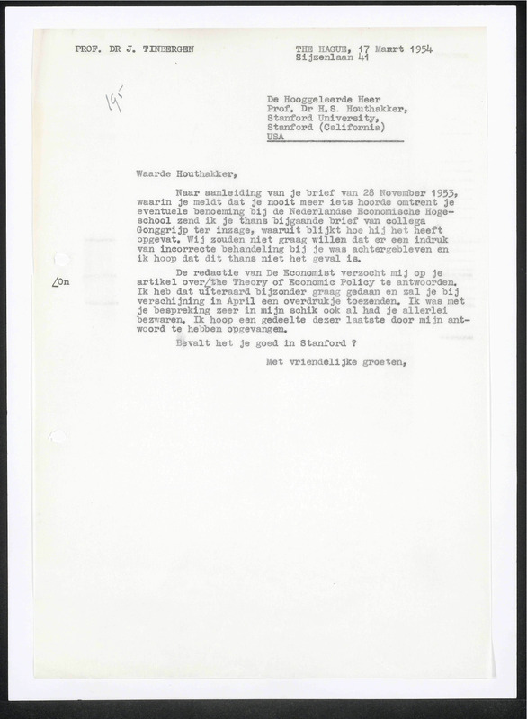 Letter to H.S. Houthakker