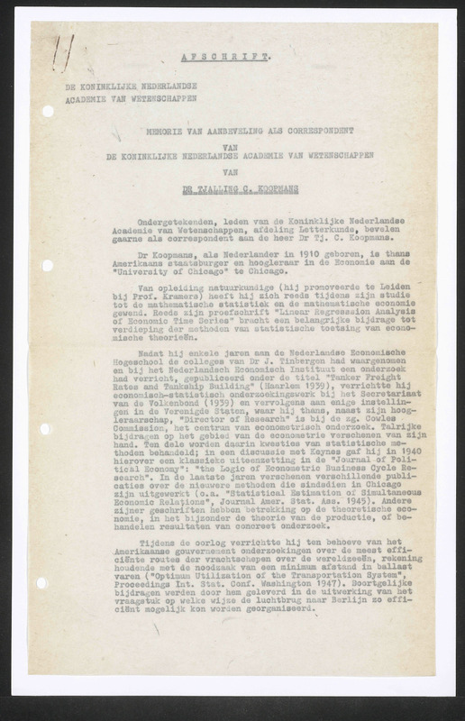 Letter to T. Koopmans