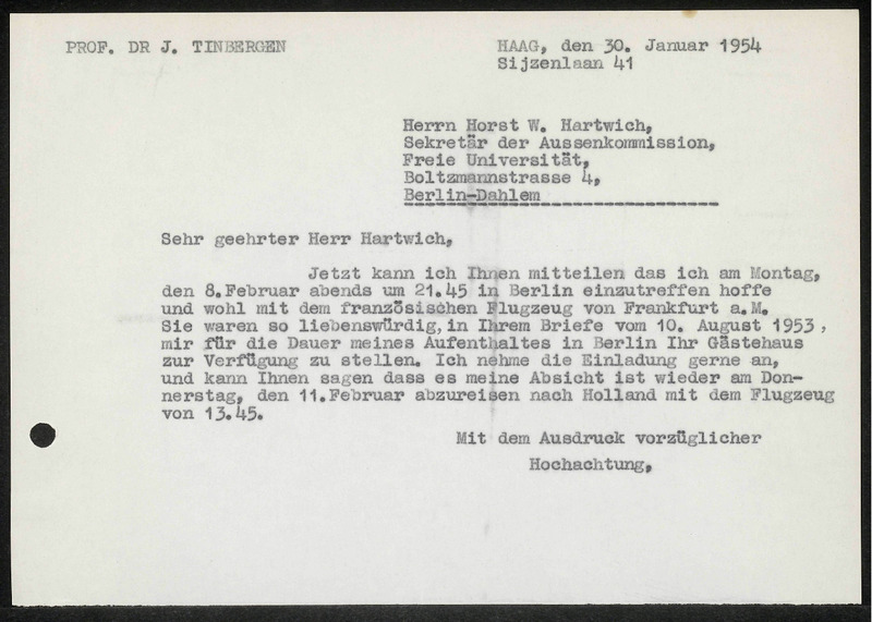 Letter to H.W. Hartwich