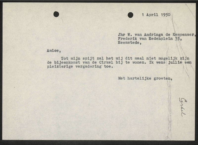 Letter to W. van Andringa de Kempenaer