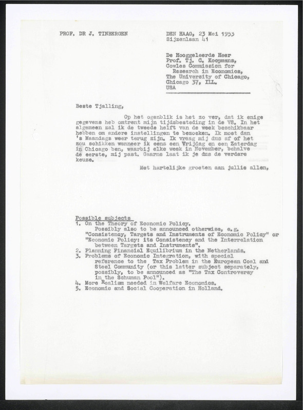 Letter to T. Koopmans