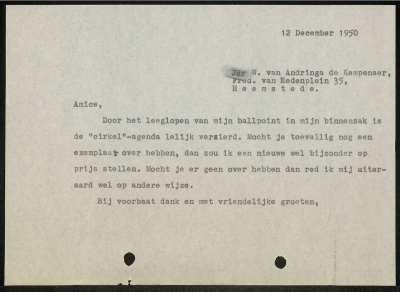 Letter to W. van Andringa de Kempenaer