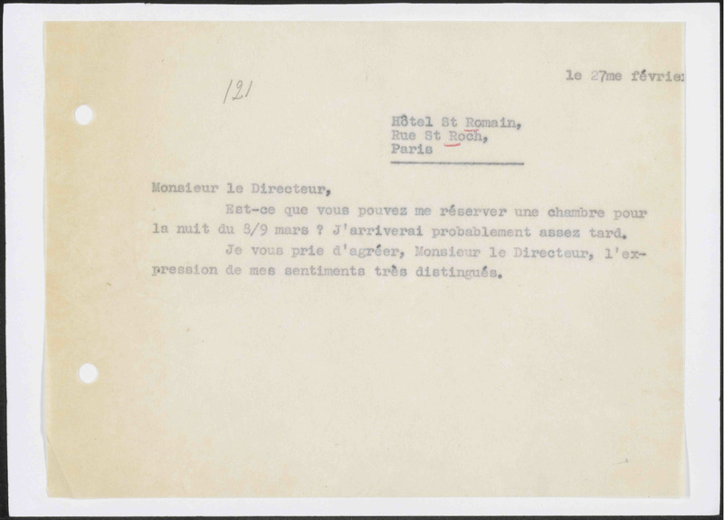 Letter to Hotel St. Romain