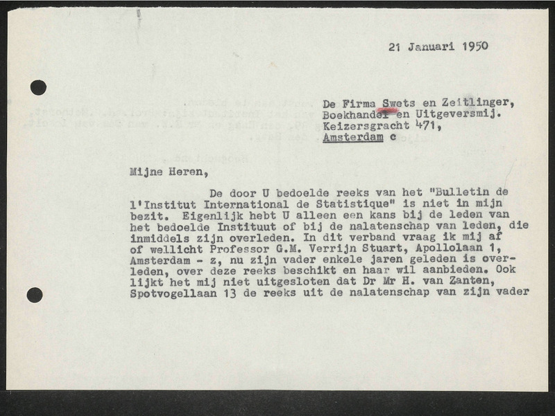 Letter to Swets & Zeitlinger oude- en nieuwe Boekhandel, Amsterdam