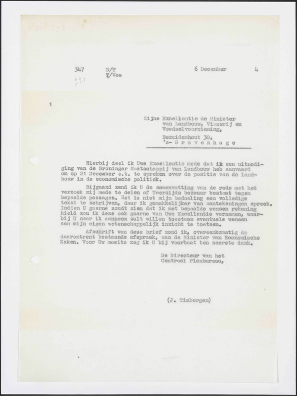 Letter to Ministerie van Landbouw, Visserij en Voedselvoorziening
