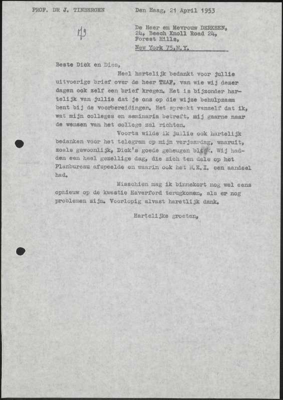 Letter to Dick and Dies Derksen