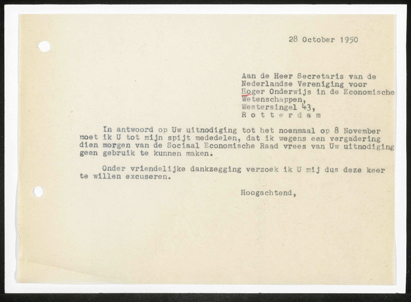 Letter to Nederlandsche Vereeniging voor Hooger Onderwijs in de Economische Wetenschappen