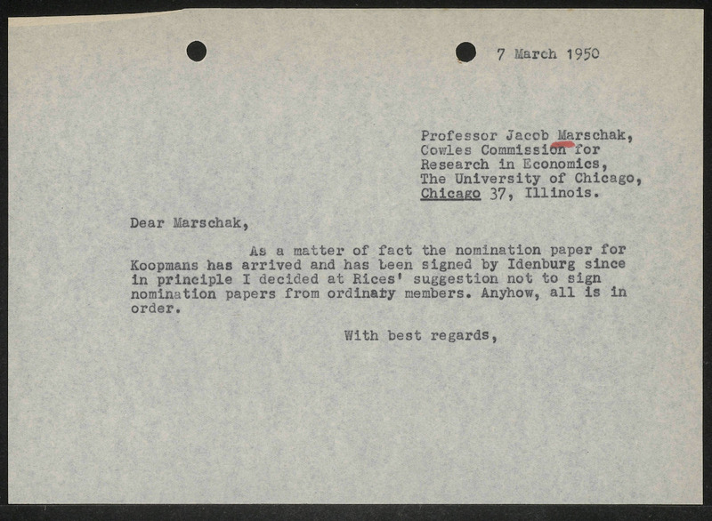 Letter to J. Marschak