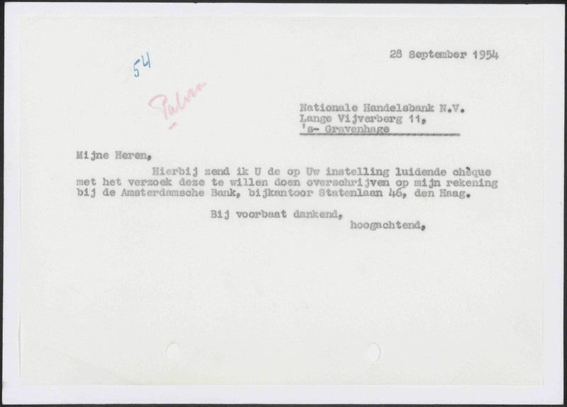 Letter to Nationale Handelsbank