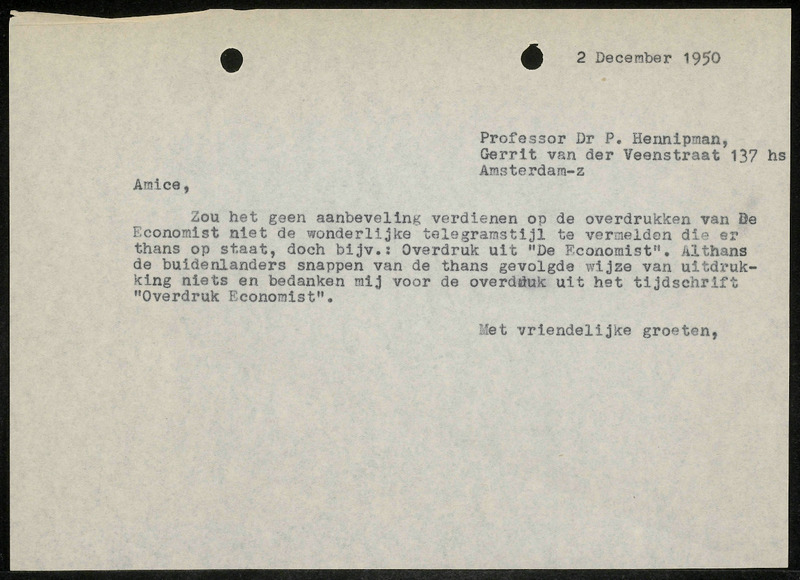 Letter to P. Hennipman