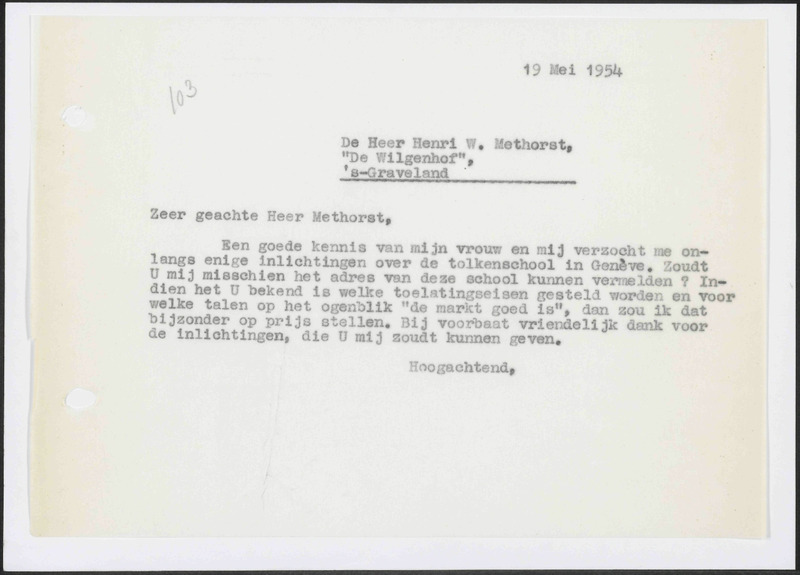 Letter to H.W. Methorst Jr.