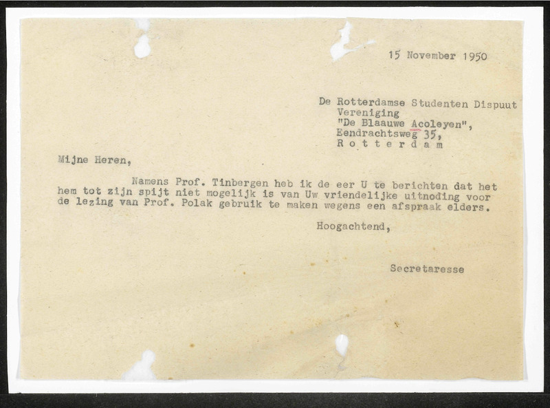 Letter to De Rotterdamse Studenten Dispuut Vereeniging 'De Blaauwe Acoleyen'