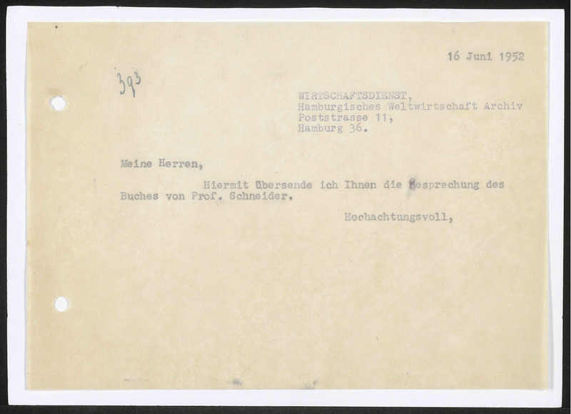 Letter to Hamburgisches Weltwirtschaft Archiv