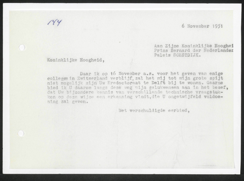 Letter to Bernhard van Lippe-Biesterfeld