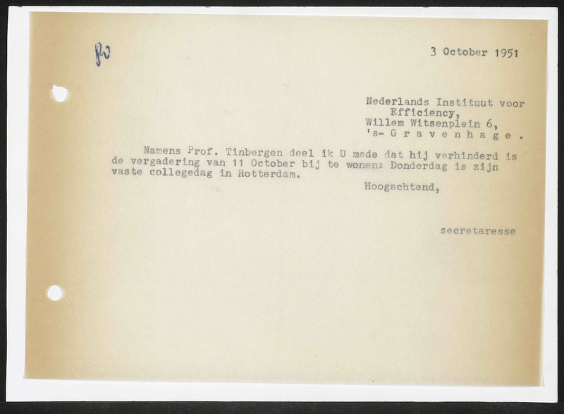 Letter to Nederlands Instituut voor Efficiency, Den Haag