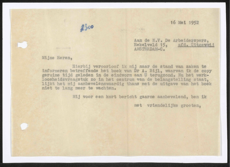 Letter to De Arbeiderspers N.V. Drukkerij en Uitgeversmaatschappij