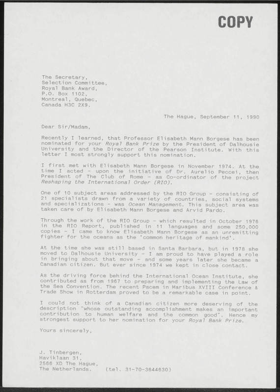Letter to Royal Bank Award (Canada)